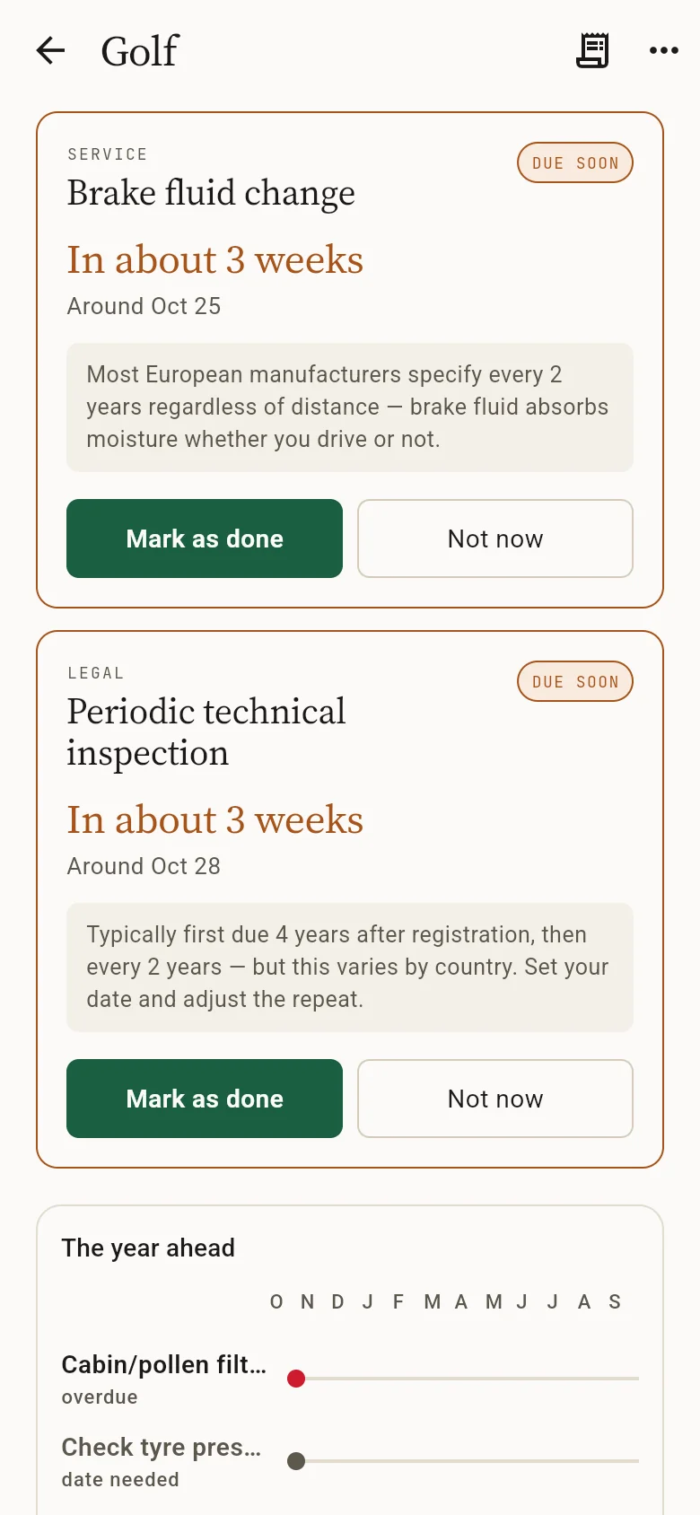 Cards for a brake fluid change and a periodic technical inspection, both due soon