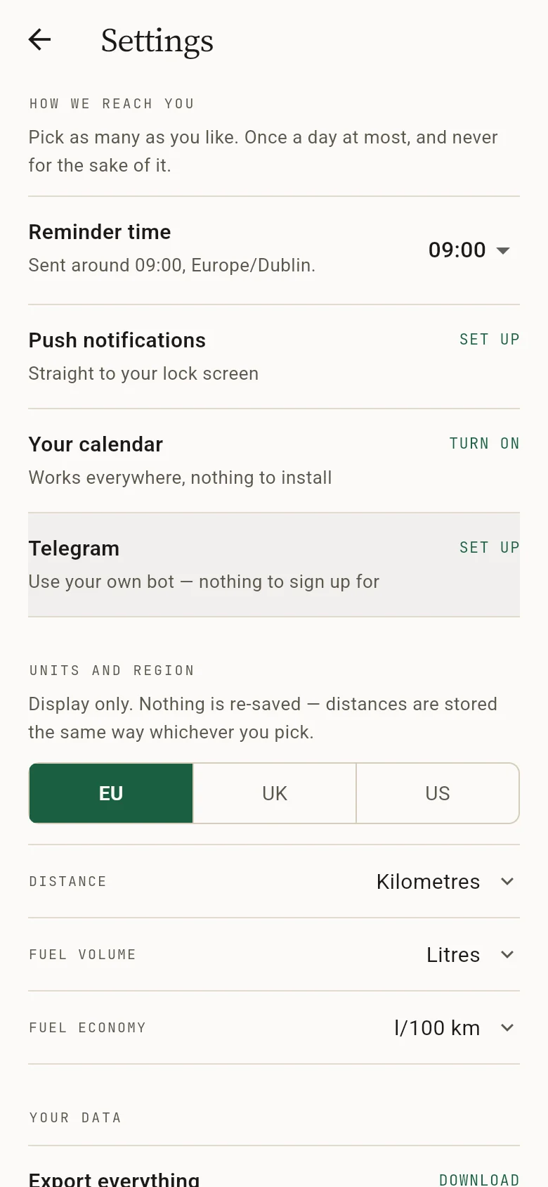 Settings for reminder time and the reminder channels