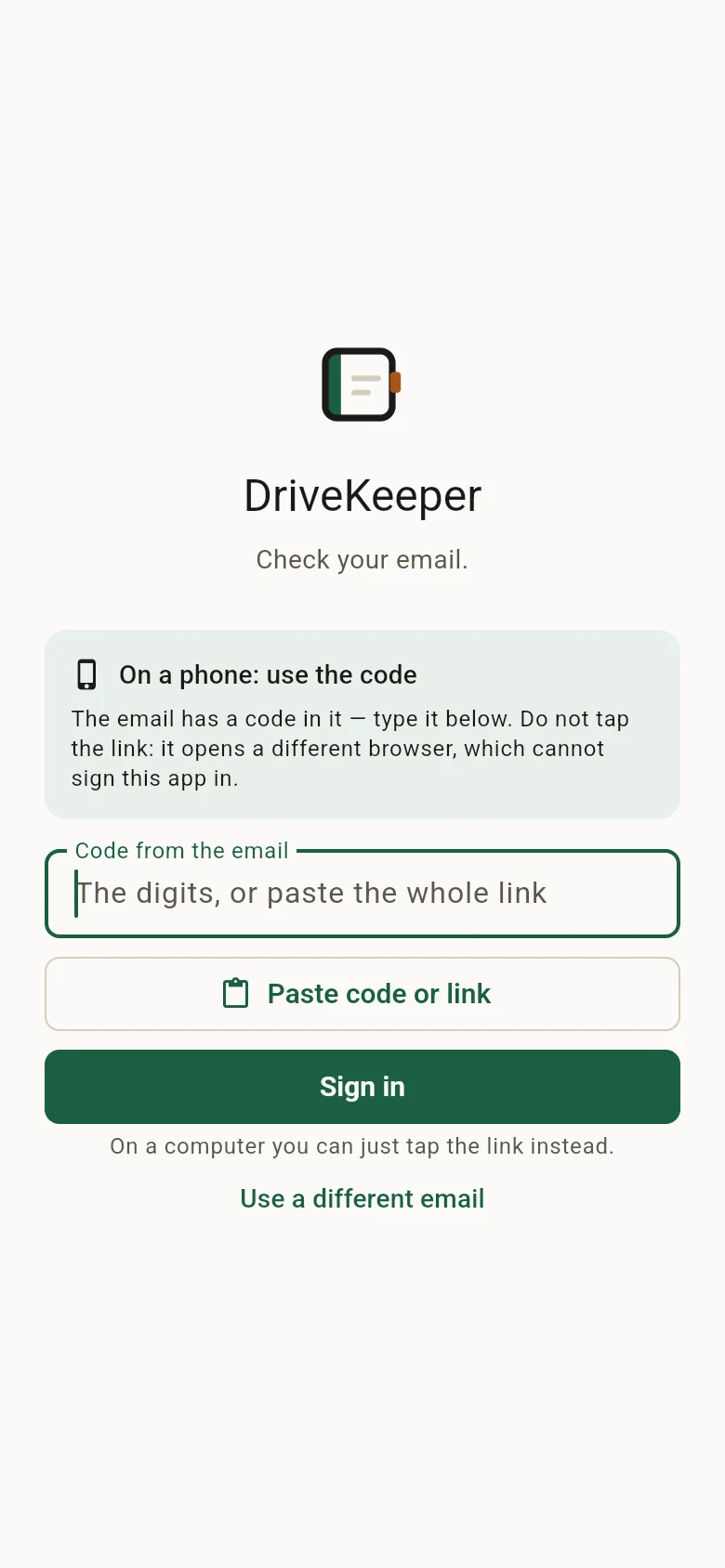 The sign-in screen asking for the code from the email