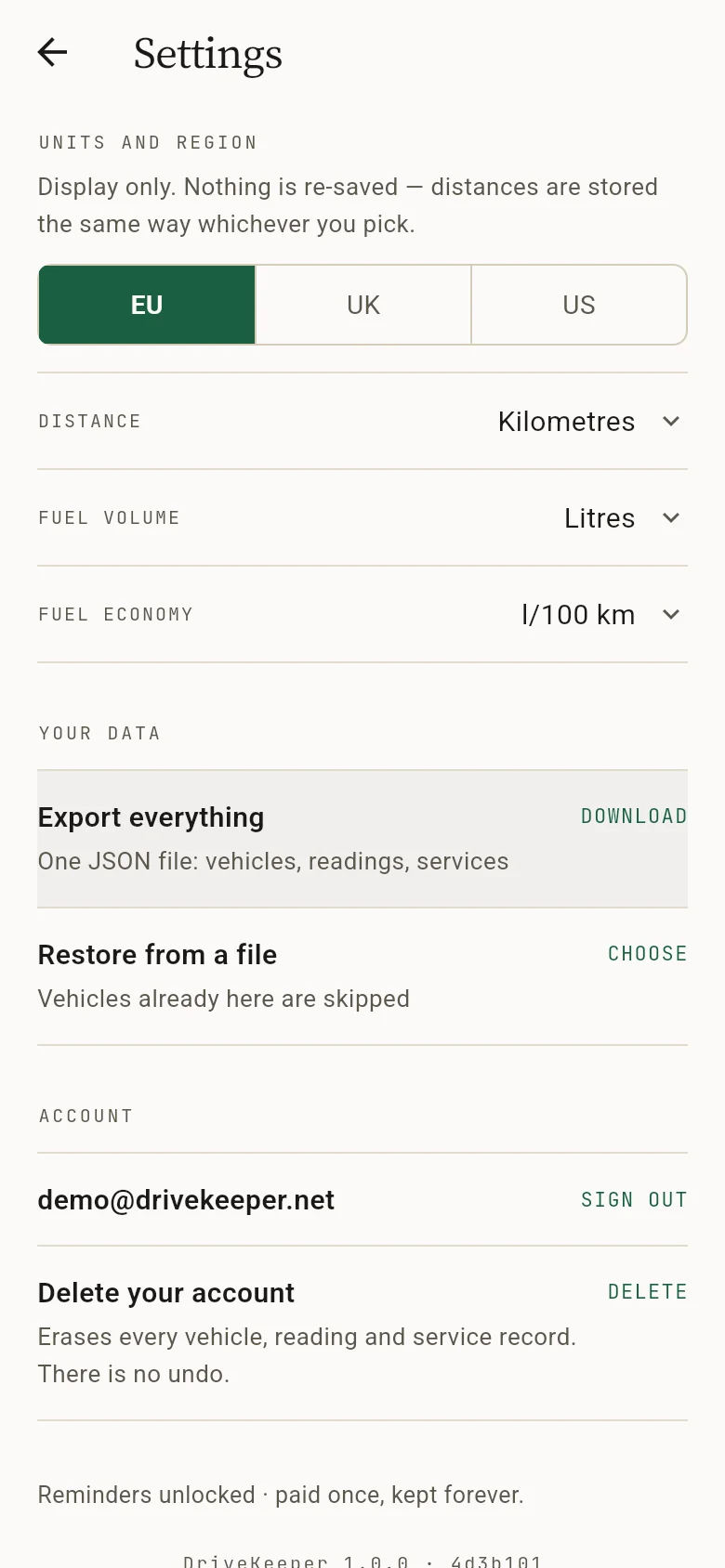 Settings for units, data export and the account